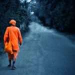 A monk or brahmachari is on his journey to attain moksha spreading the message of God along the way. The photo signifies his detachment from the society and the path he walks alone guided by the Supreme.